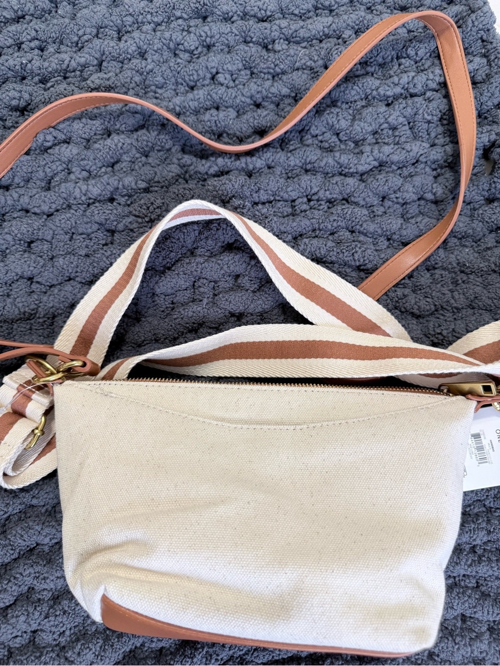 Canvas Crossbody Bag with Striped Strap - Beige